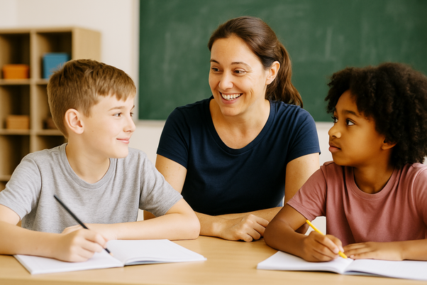 Lehrerin mit 2 Schüler:innen beim Schreiben